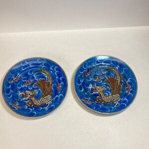 Antique Japanese Dragonware Plates Moriage Blue Red Two 6 inch One has flaws